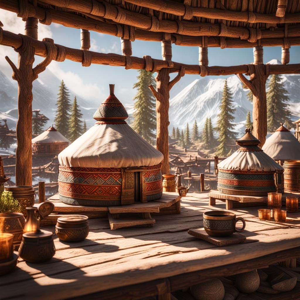 Miniature Yurt Village: 3D Game Cinematic Render