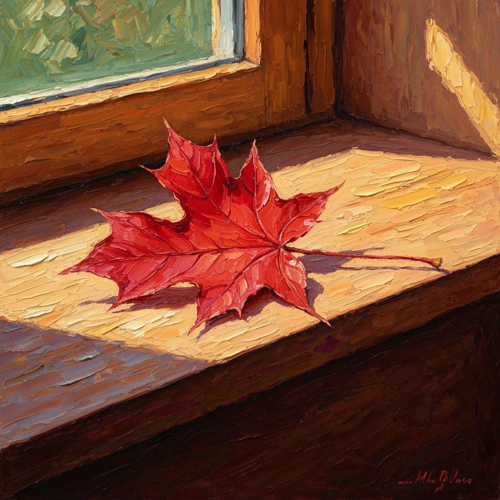 Impressionist Autumn Leaf on Windowsill Painting