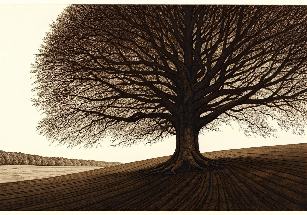 Detailed Etching of Old Beech Trees on Hill