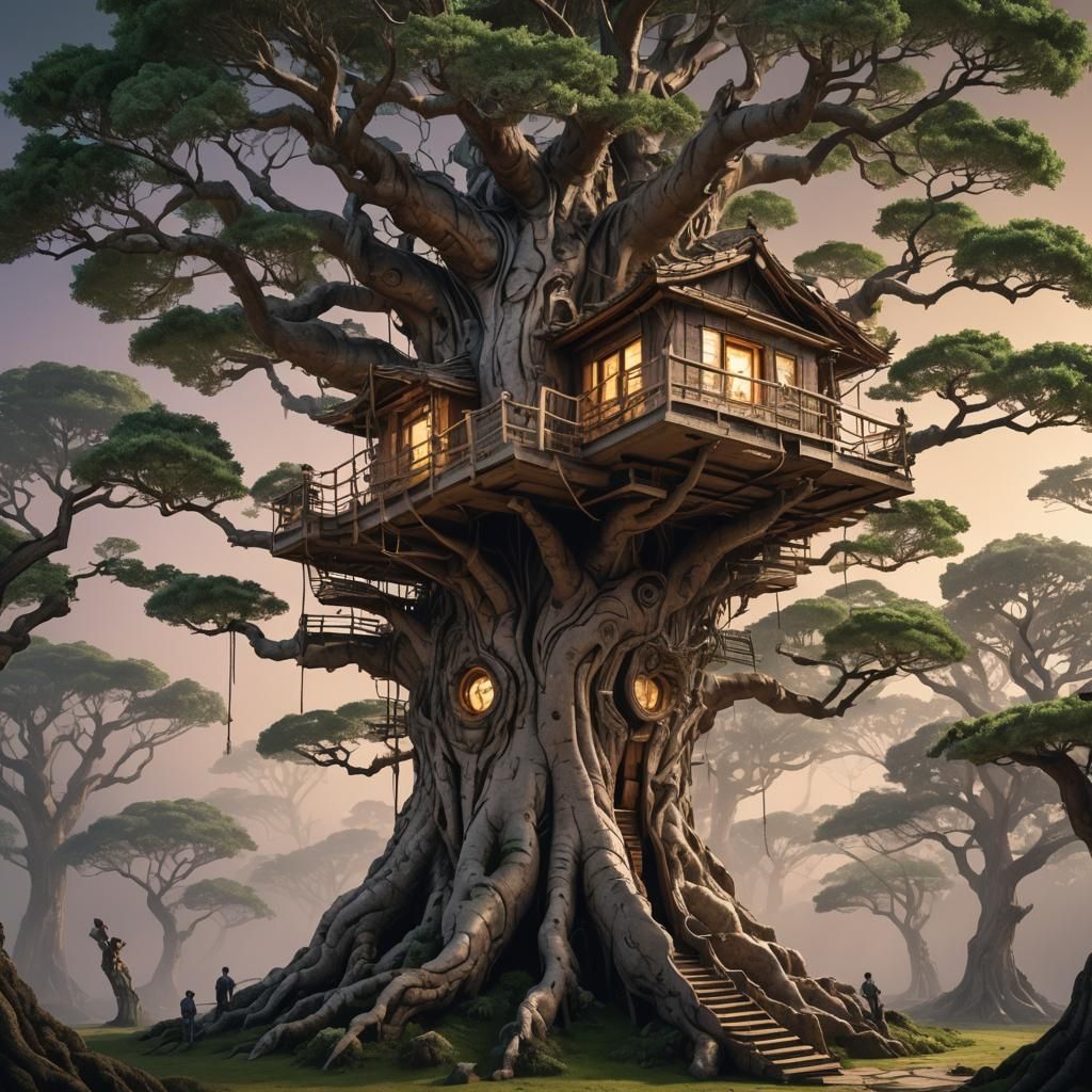Futuristic Treehouse in Bonsai Tree with UV Art