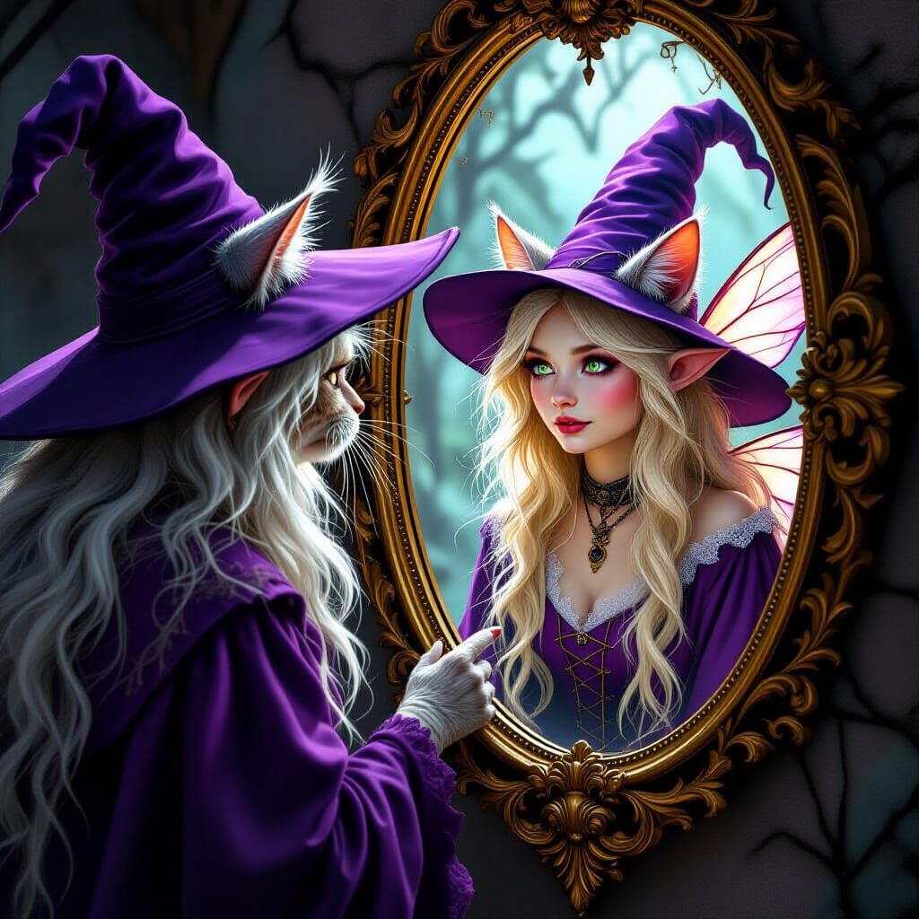 Old Cat Witch Sees Young Fairy in Mirror Reflection