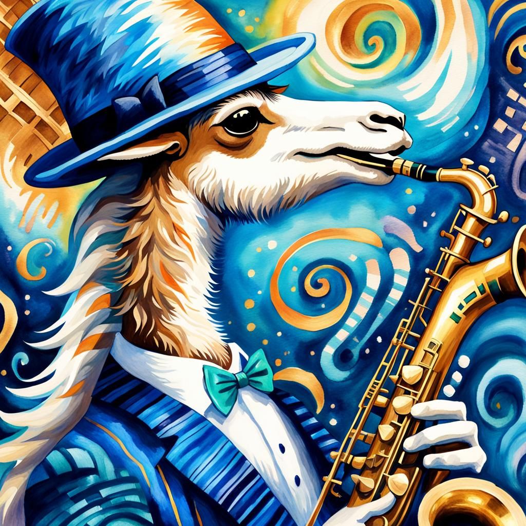 Surrealistic jazz scene. Close-up shot. A no drama llama wearing a pin striped suIt and fedora with iridescent blue an...