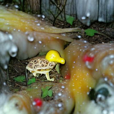 Yellow Frog in Mushroom Backyard