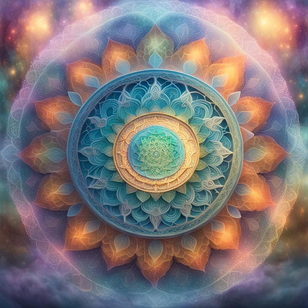 Ethereal Mandala in a Misty Fantasy Landscape