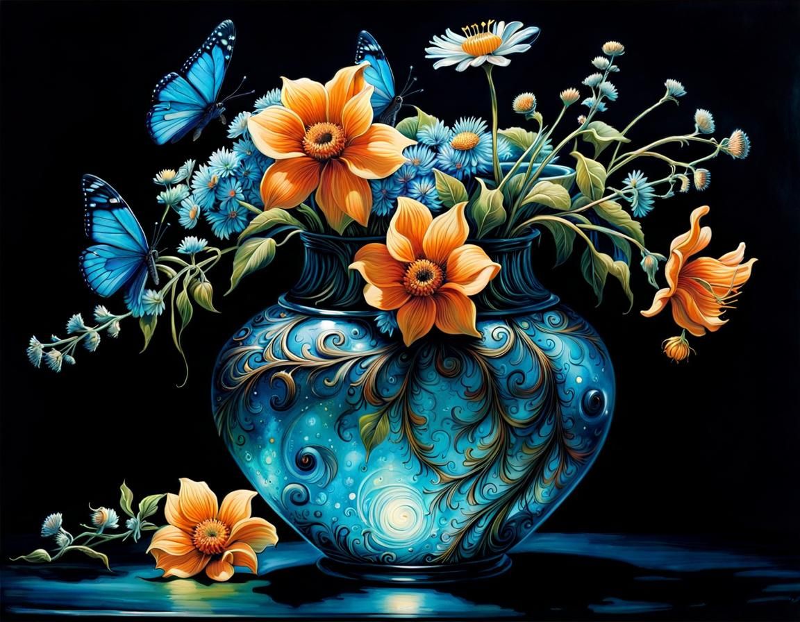 Bioluminescent Vase with Wildflowers: Dark Fantasy Masterpie...