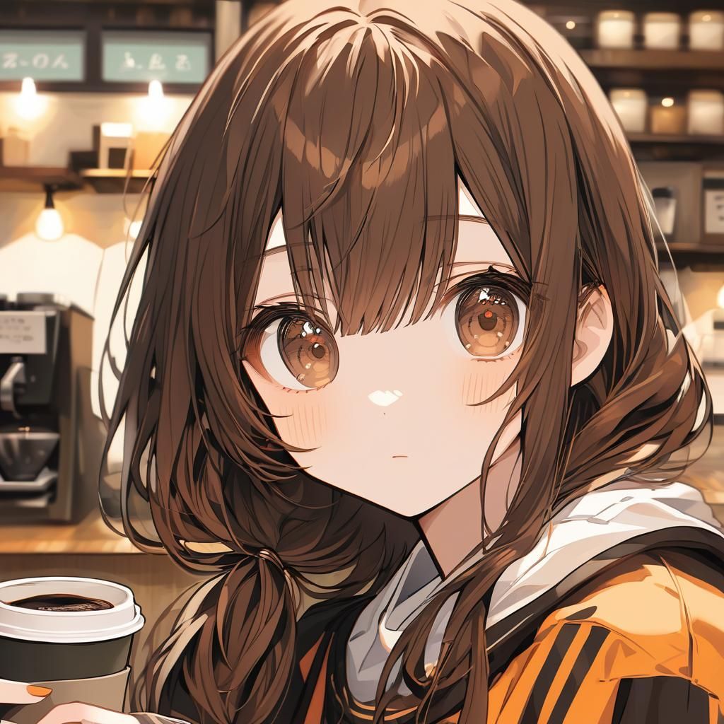 Anime Girl Sipping Coffee at Cafe