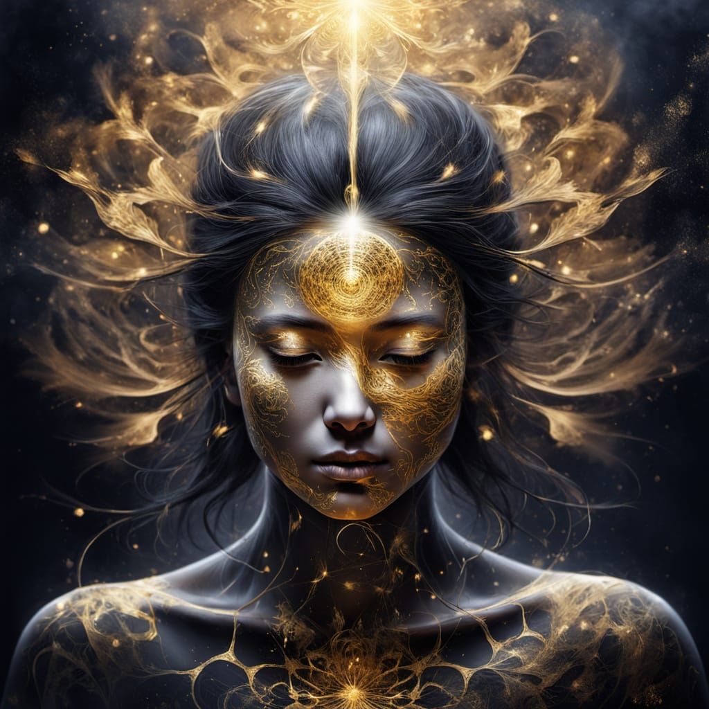 Sumi-e Girl with Tinderstick in Gold and Black