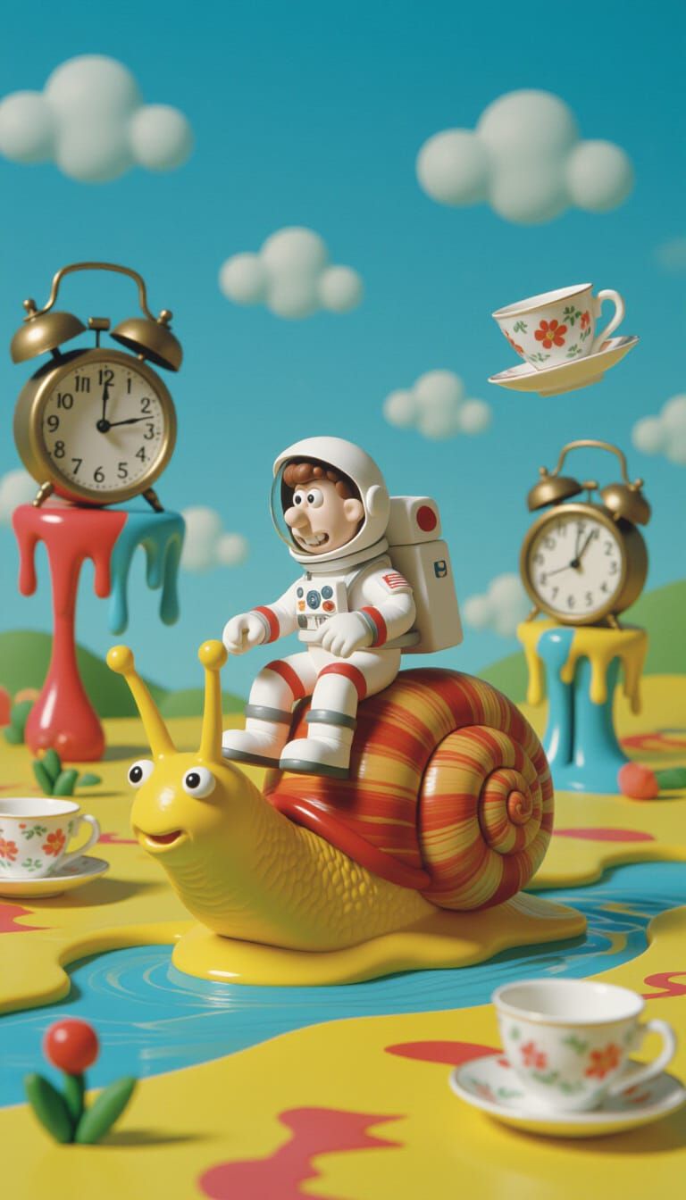 Claymation Astronaut Rides Snail Through Surreal Landscape