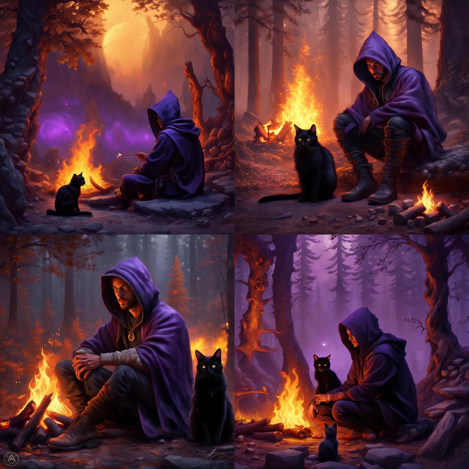 Fantasy Campfire Scene with Hooded Figure, Detailed Art