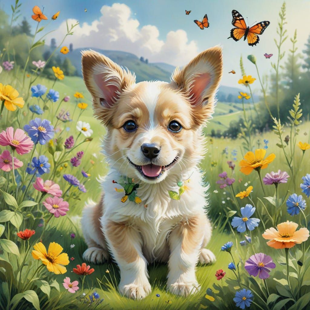 Whimsical Puppy in a Vibrant Meadow