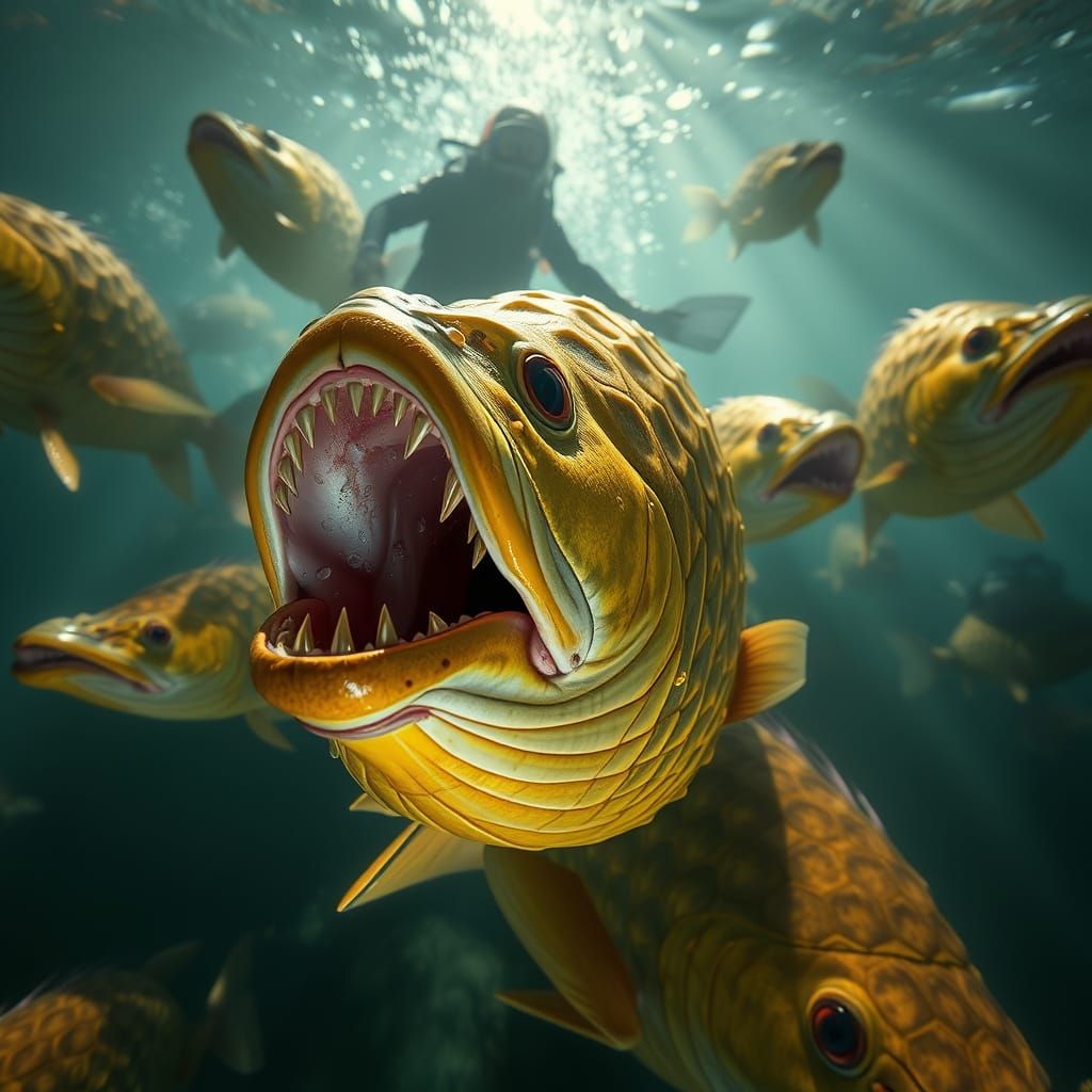 Carnivorous Pineapple Piranhas in Murky River
