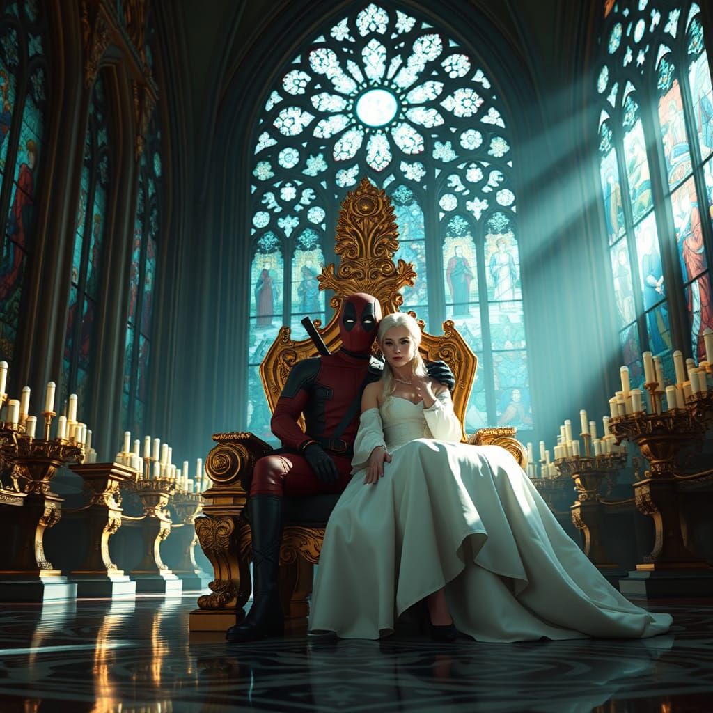 Deadpool and Daenerys on a Throne
