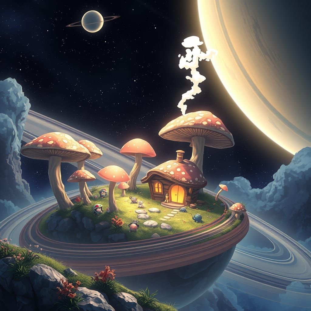 Surreal Saturnian Landscape with Glowing Mushrooms and Tiny ...