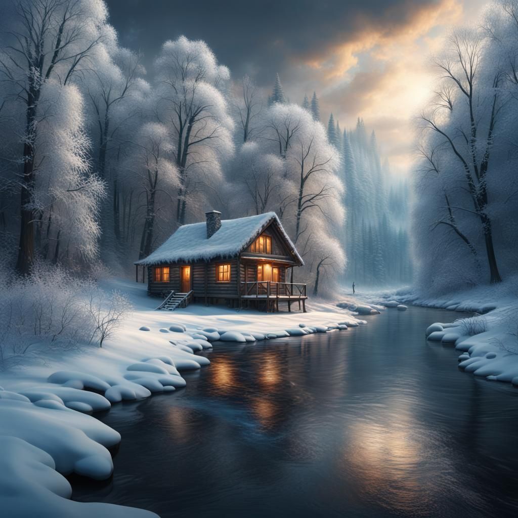 Winter Cabin by River with Stag in Forest