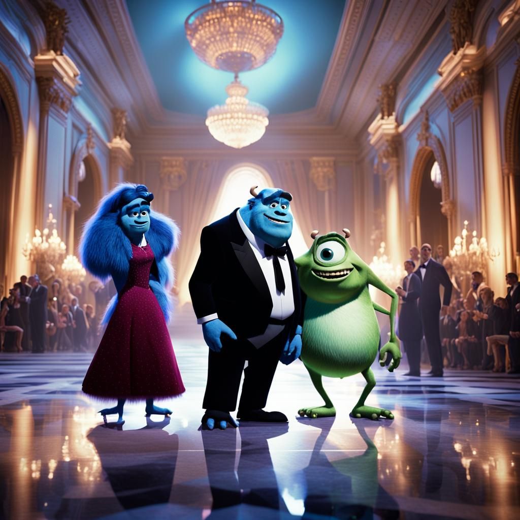 Monsters Inc. Characters at Formal Party in 3D Anime Art