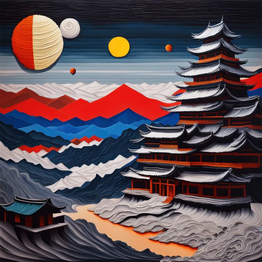 Surreal Moonscape in Ukiyo-e and Heidelberg Style