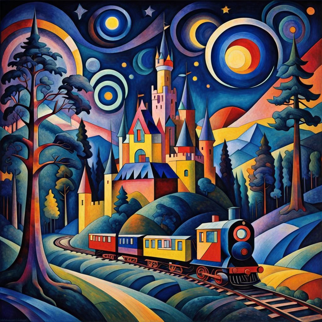 Crystal Cubist Train and Castle Under Cosmic Sky