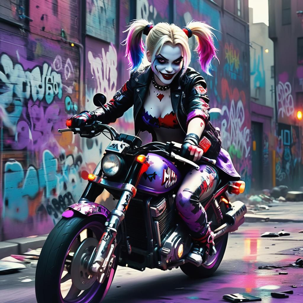 A vibrant and dynamic illustration of Harley Quinn riding a motorcycle, fully armed and ready for battle. Her costume is...