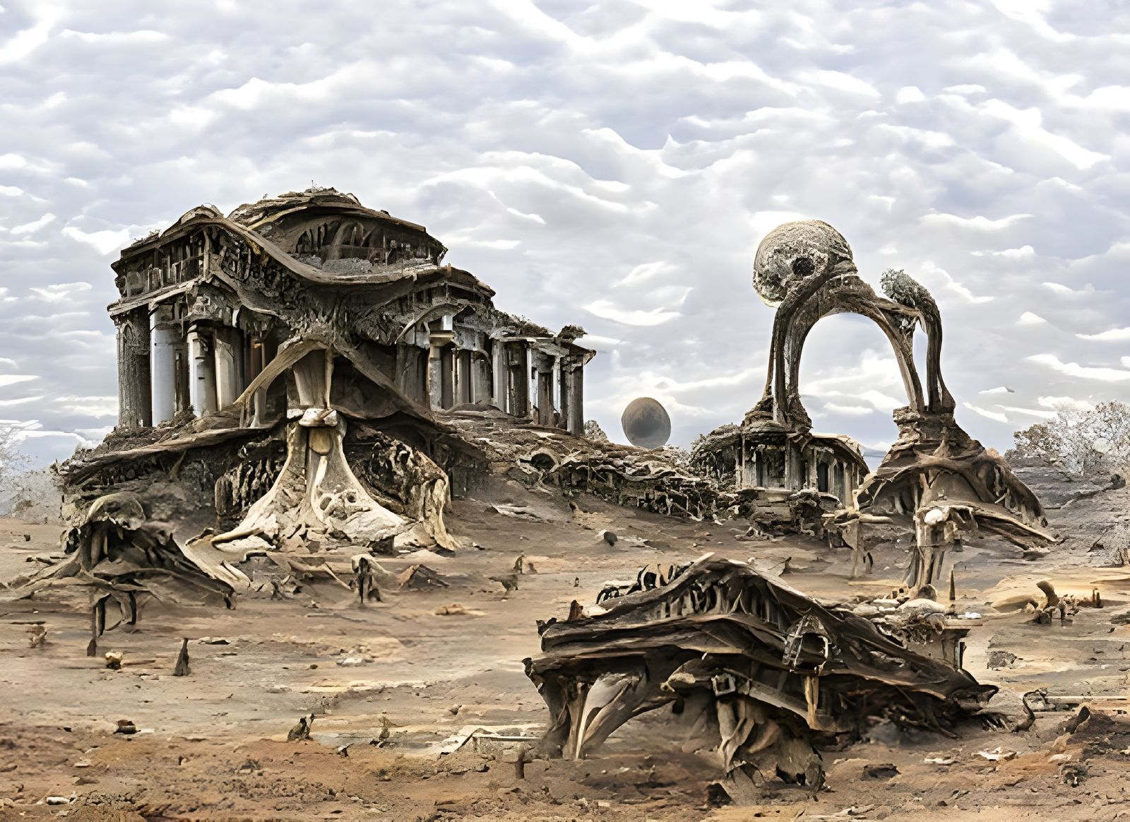 Cosmic Greek Temple with Skeletons in Space