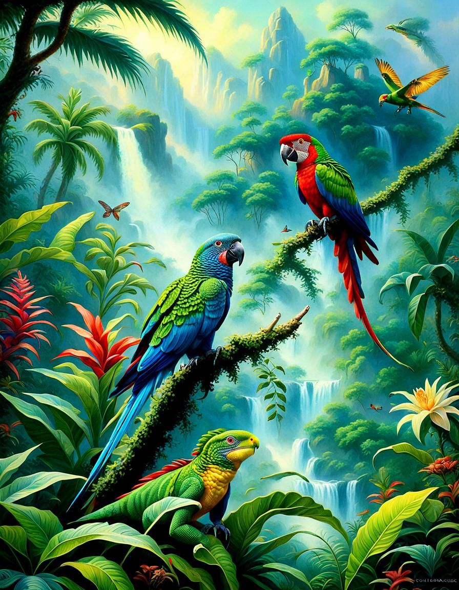 Parrot and Iguana in Ethereal Fantasy Landscape