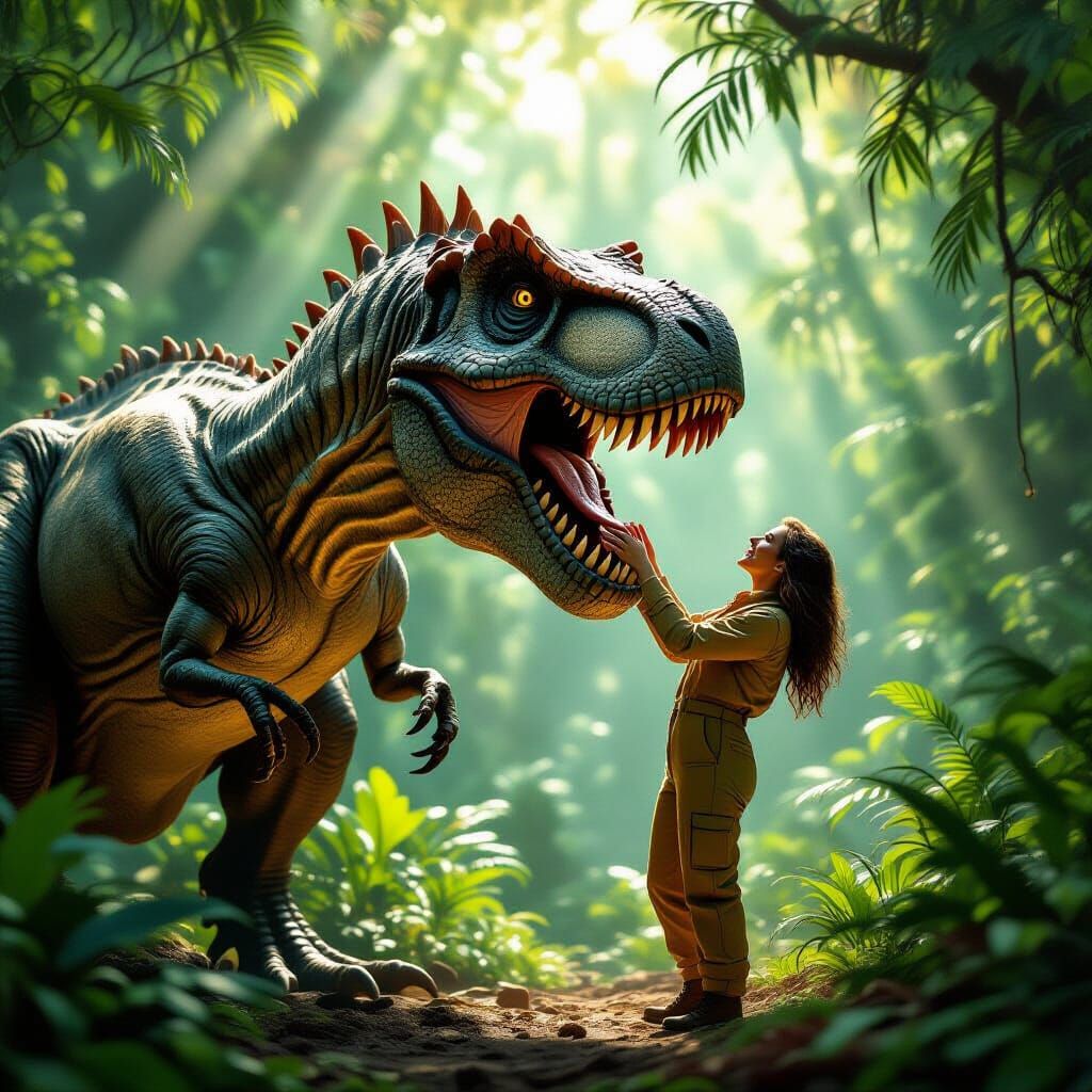Scientist Safely Carried by T Rex in Lush Jungle