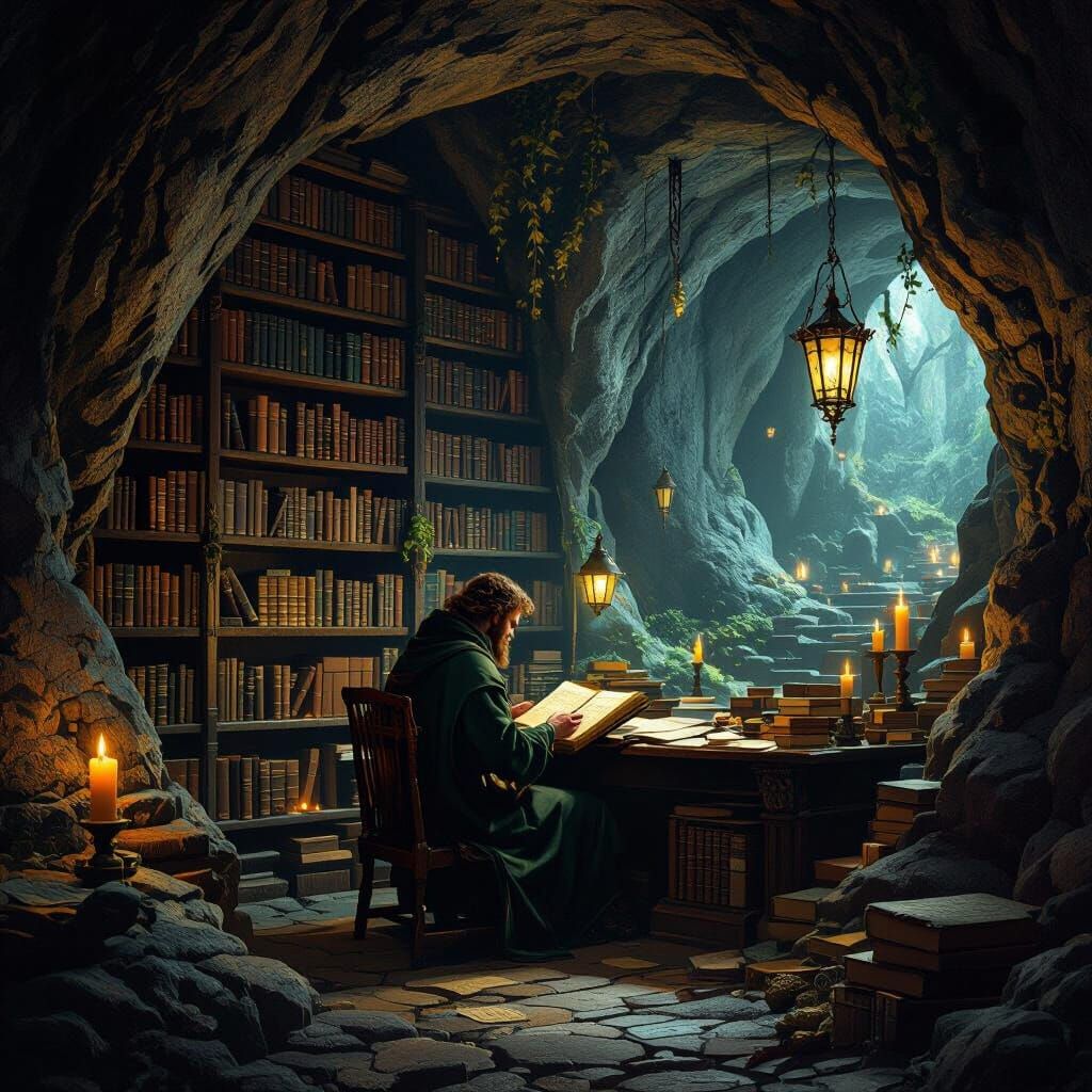 Hidden Celtic Library in Underground Cave, Inspired by Mucha