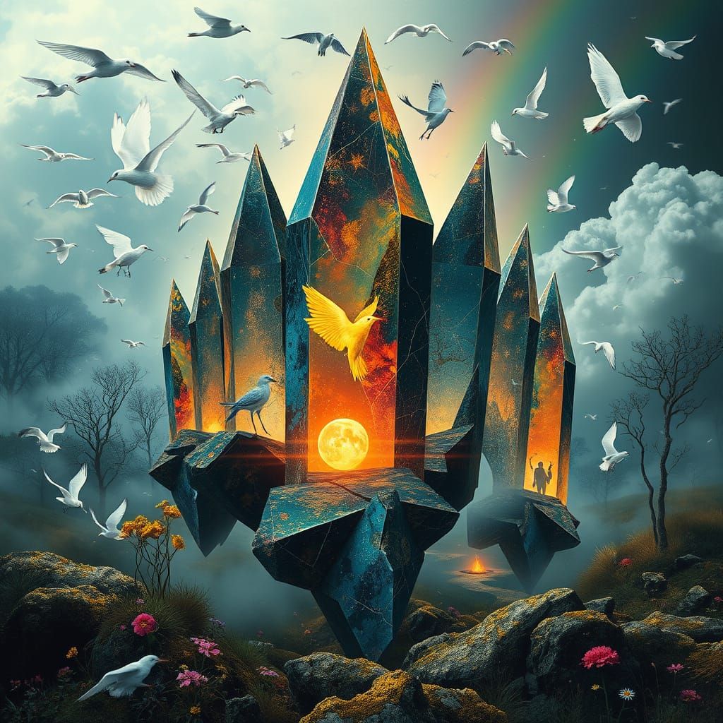 Surreal Collage of Mythological Creatures and Prisms