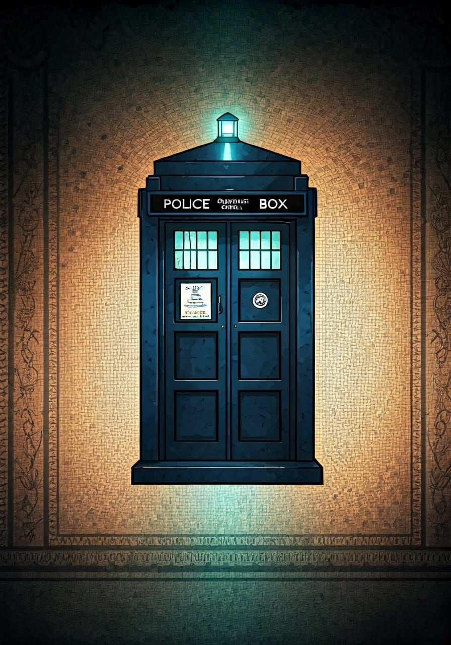 Faded Mosaic of TARDIS with Teal Glow