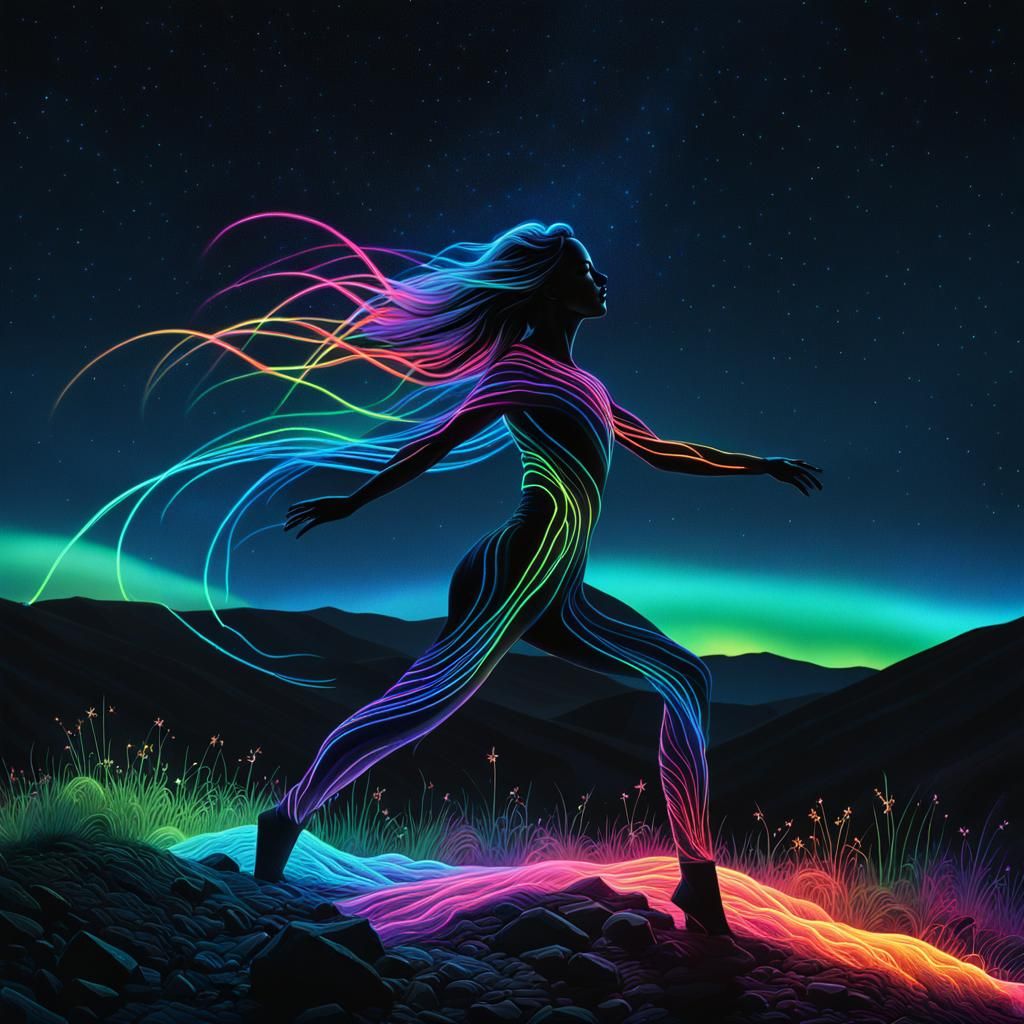 Coal Woman with Neon Veins in Surreal Landscape