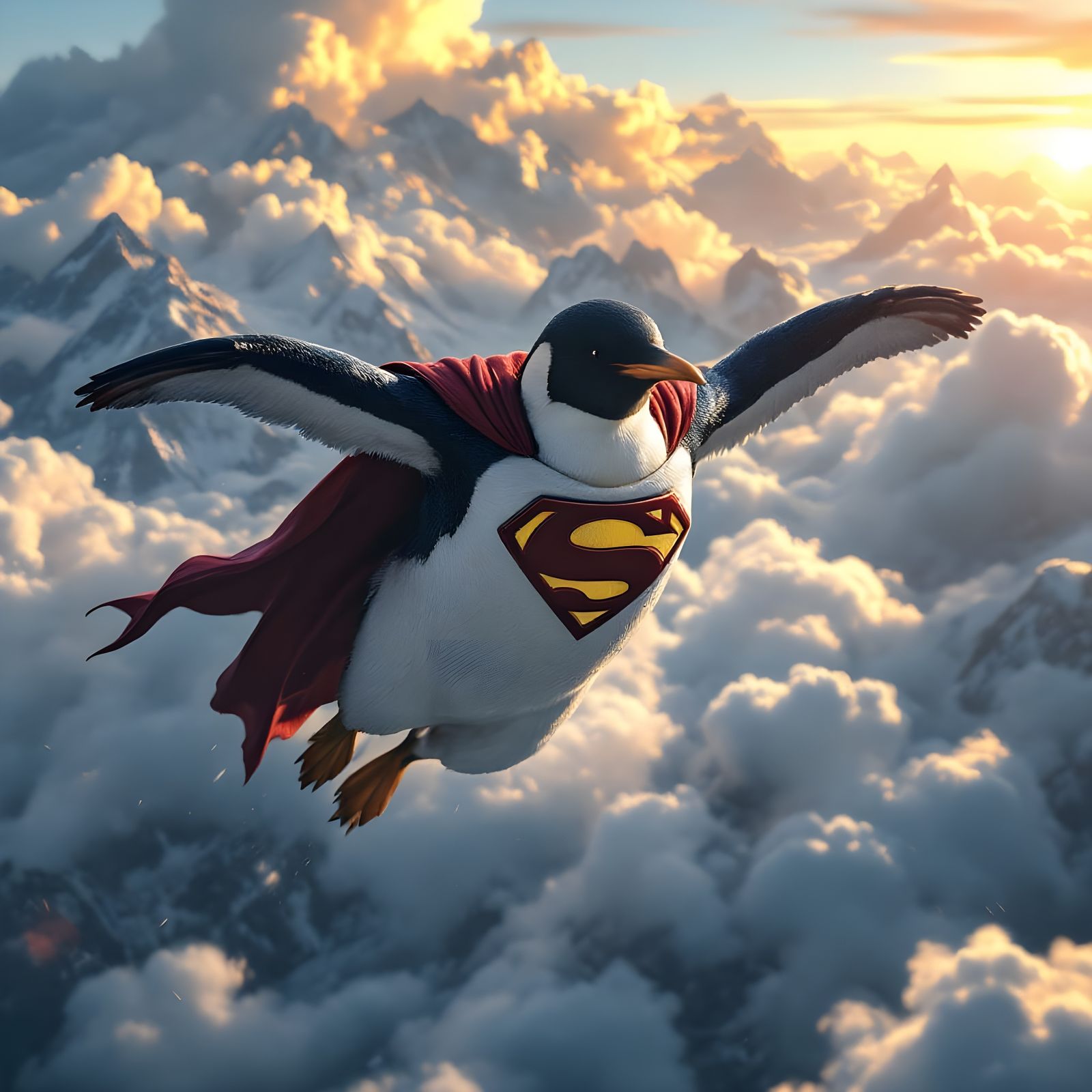 Penguin as Futuristic Superman soars through Epic Skies