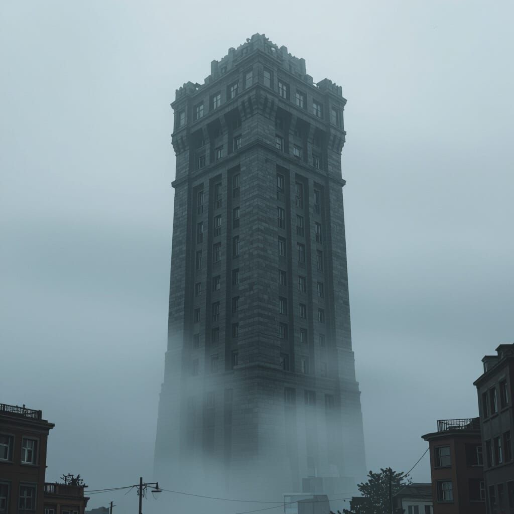 Mystical Stone Tower Vanishing Into Cloudy Heavens