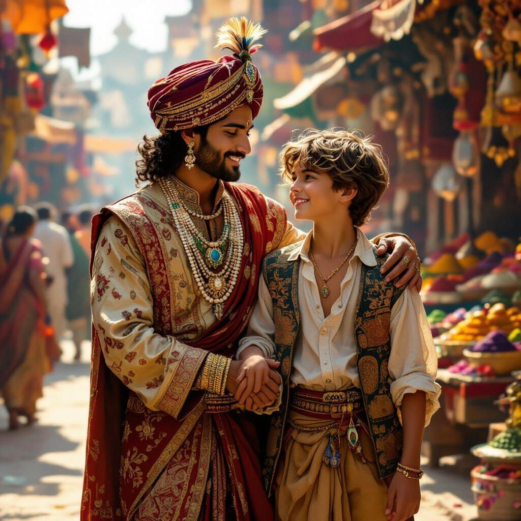 Indian Prince and Dutch Boy in Ancient India Marketplace