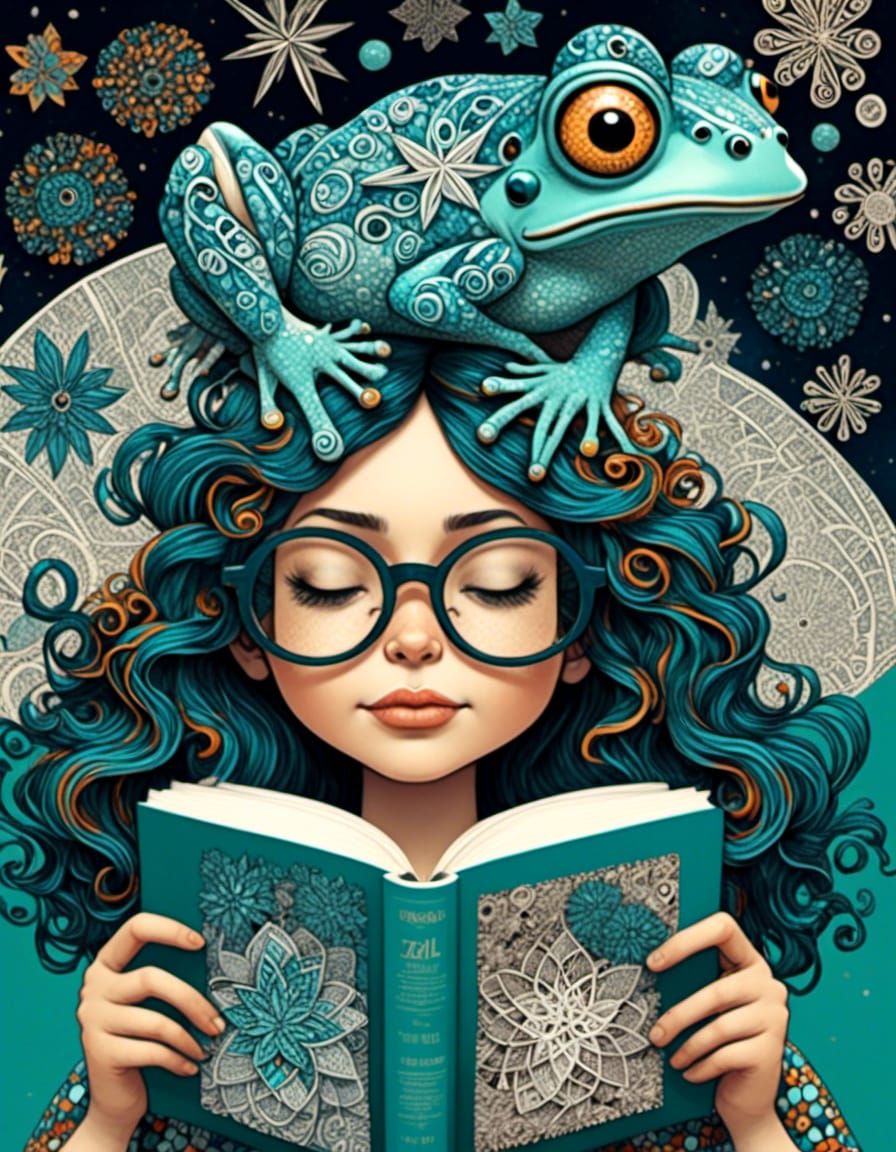 <lora:Zentangle-V2:0.8>girl in glasses reading a book ,an il...