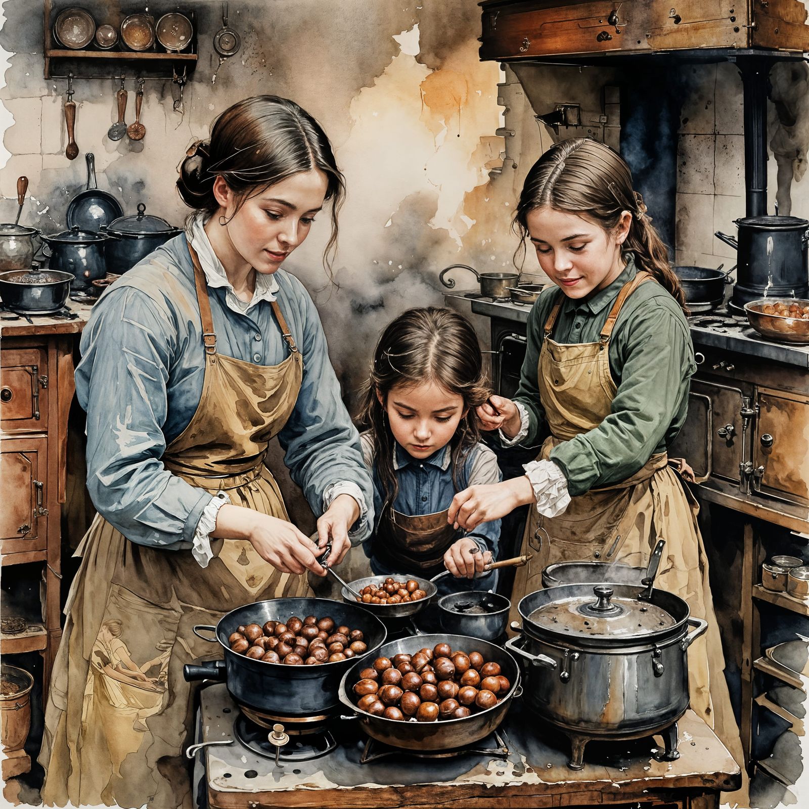 Girls Roasting Chestnuts: Vintage Watercolor Ink Drawing