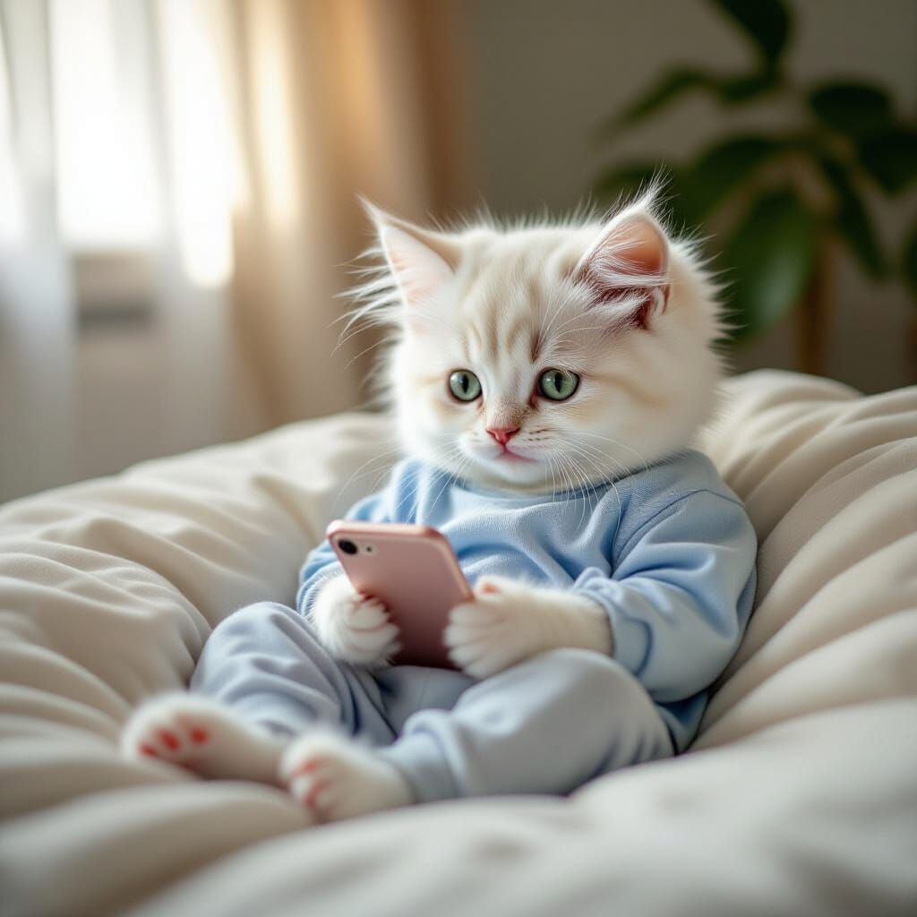 Fluffy Kitten Plays on Phone in Cozy Room