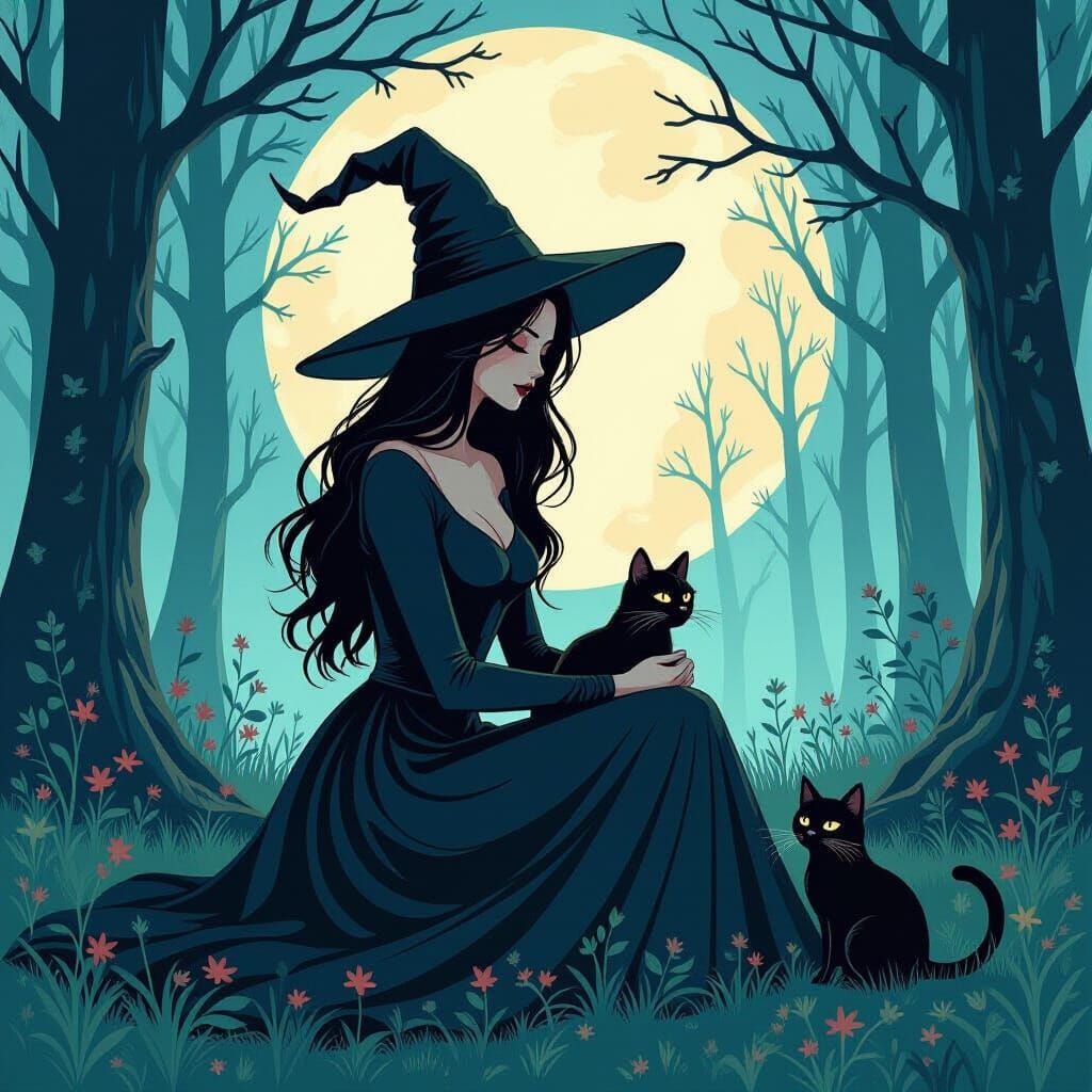 Mystical Witch and Cat in Enchanted Forest
