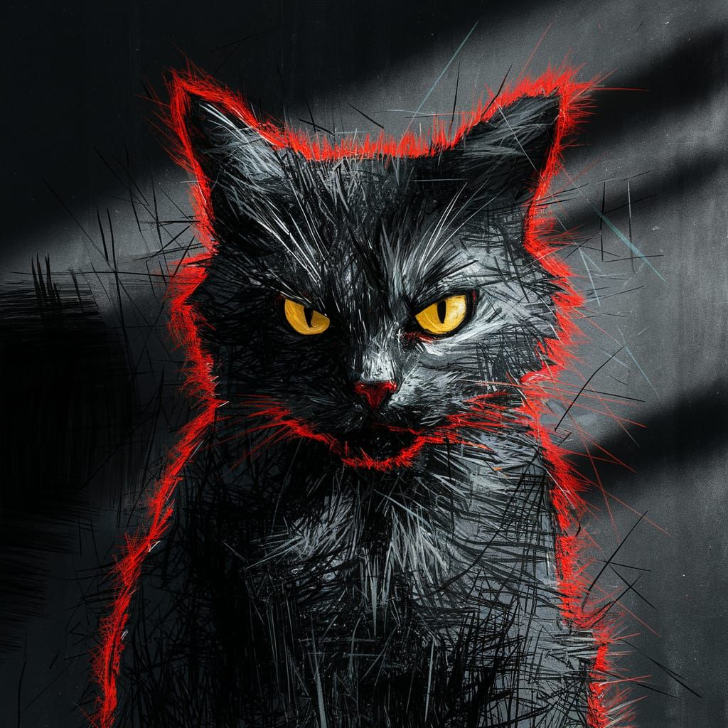Intense Cat Artwork with Scratchy Lines and Bold Eyes
