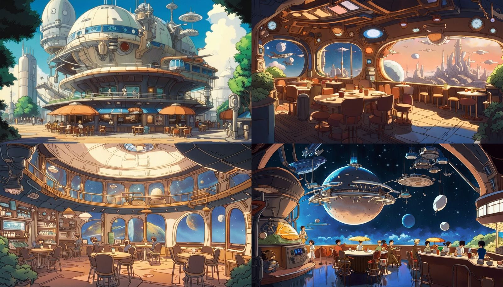 sci-fi space station café, studio ghibli