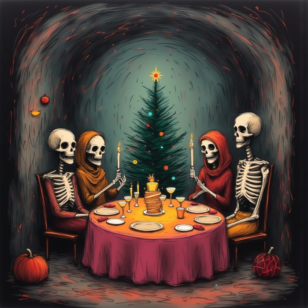 Christmas Dinner in Demon Crypt with Skeletons and Mummies