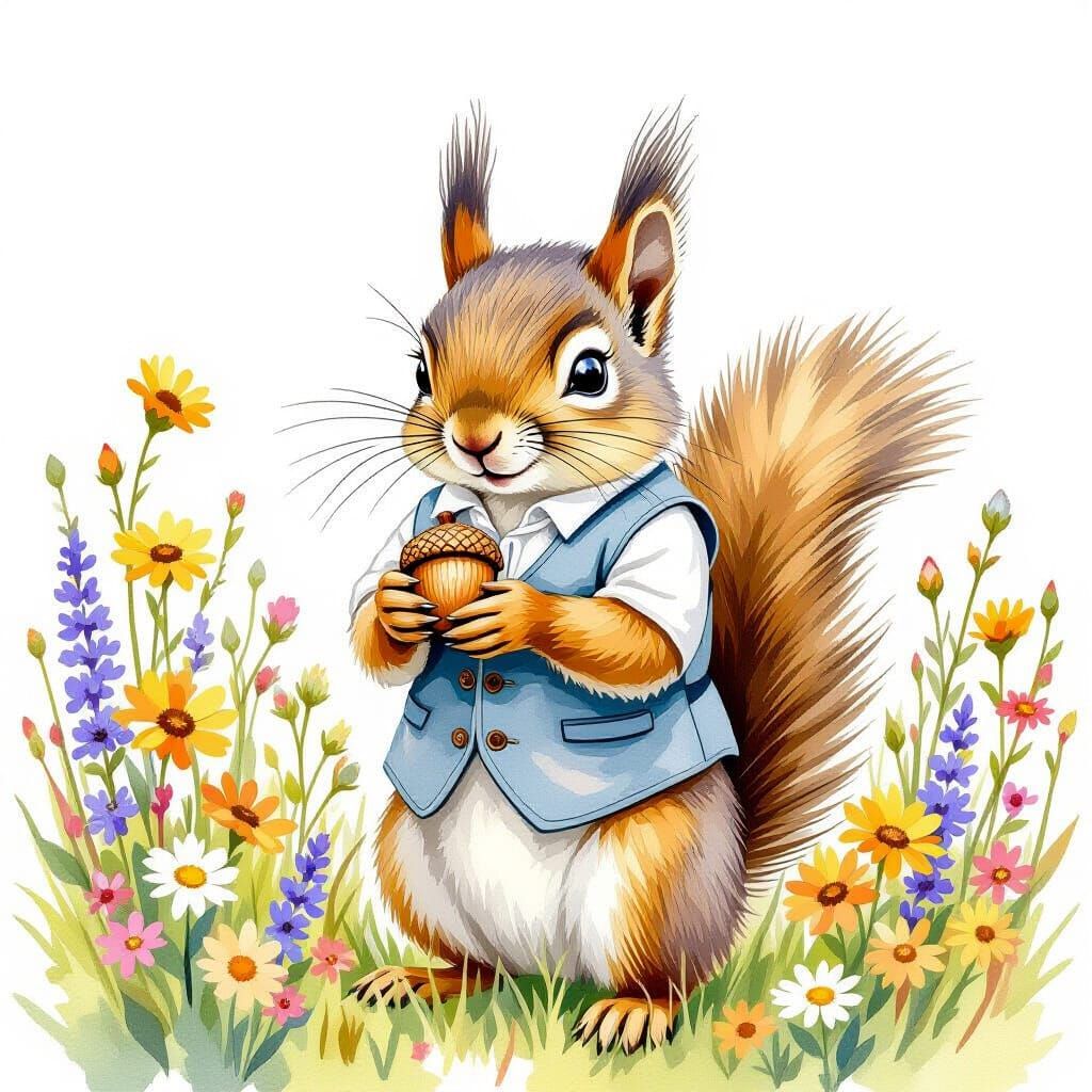 Squirrel in Waistcoat, Whimsical Watercolor Illustration