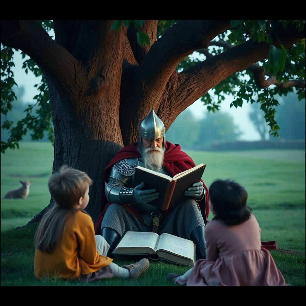Elderly Knight Reads to Children Under a Tree in Cinematic S...