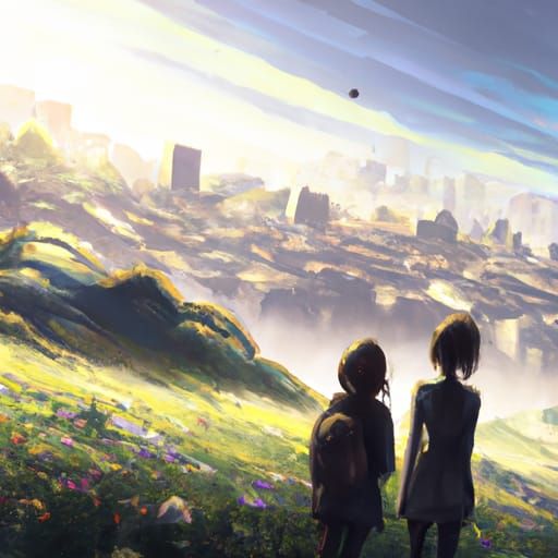Girls in Meadow Gaze at Distant City