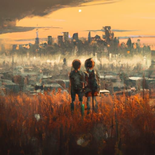 Girls in Meadow Gaze at Distant City