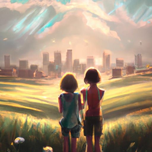 Girls Admire Distant City: Epic Digital Matte Painting