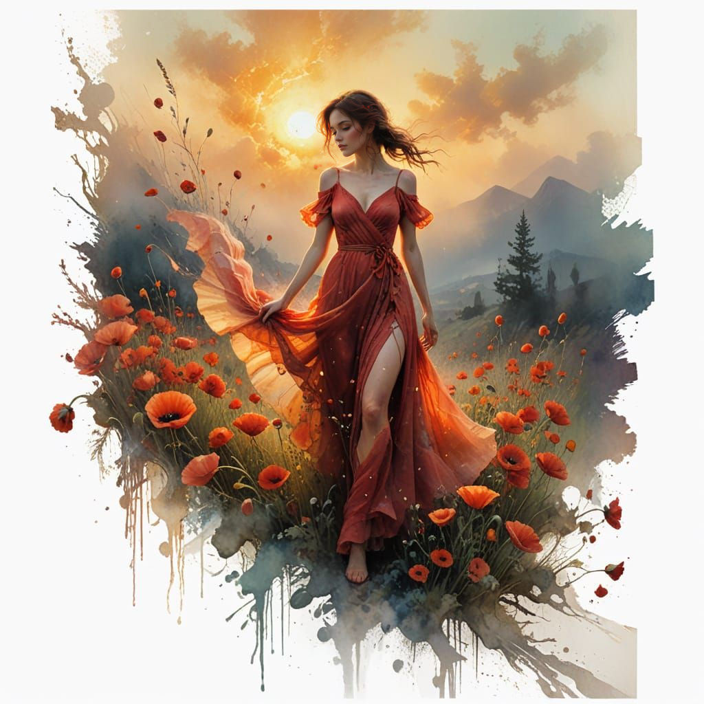 Woman in Red Dress Among Poppies: Ethereal Art