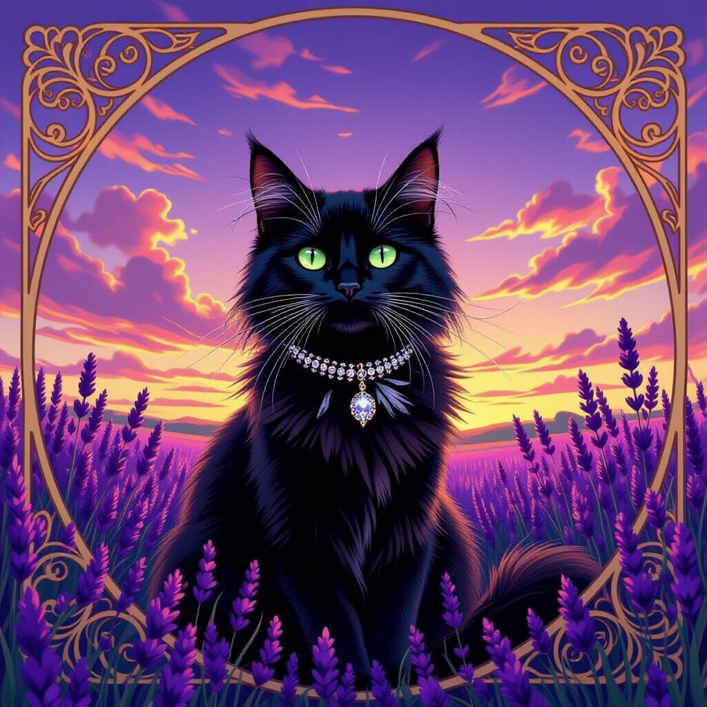 Black Cat in Lavender Field, Art Nouveau Style