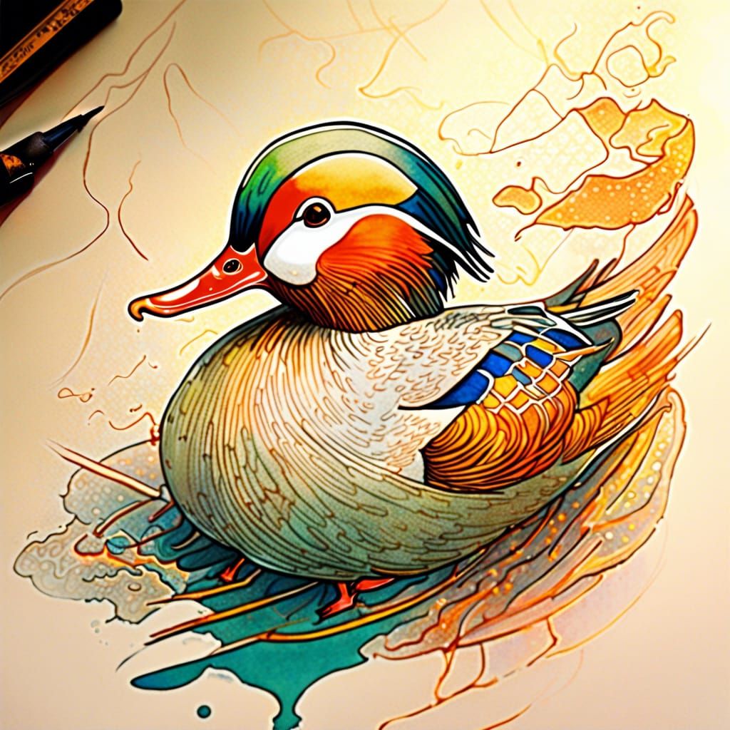 Detailed Mandarin Duck: Watercolor Manga Art