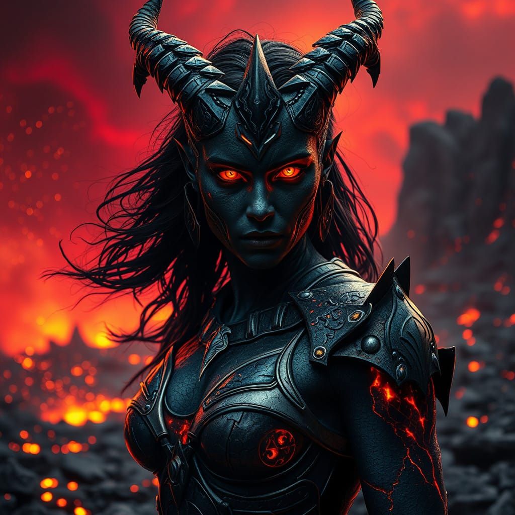 Mysterious Obsidian Demoness with Golden Tattoos and Crimson...