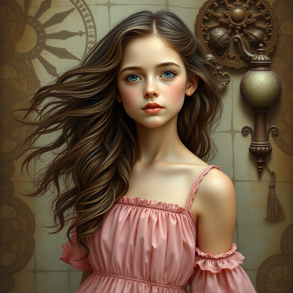 A winsome young woman with flowing, wavy hair and a pink dress stands against a textured background filled with intricat...