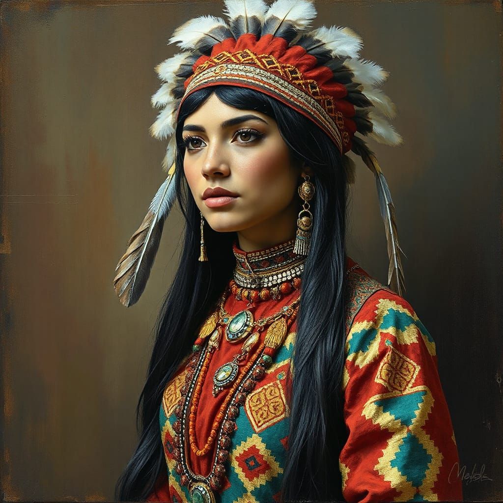 Hopi Goddess in Impasto Style with Feathered Headdress